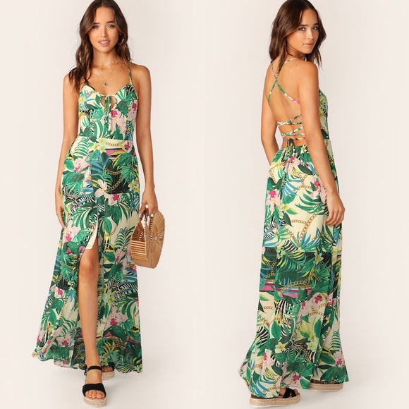 Tropical print maxi dress laced up slit leaf - Picture 2 of 2